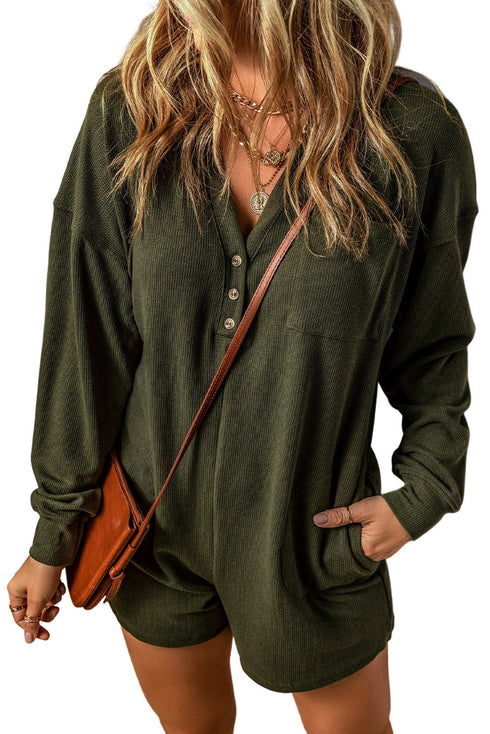 Brushed Ribbed Button Split V Neck Long Sleeve Romper